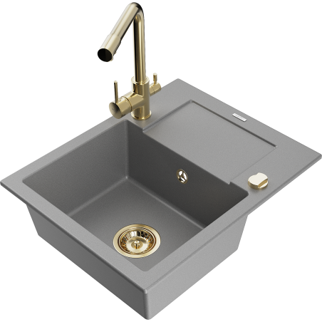 Mexen Enzo 1-bowl granite sink with drainer and kitchen mixer tap Duero, gray - 6506-71-671600-50