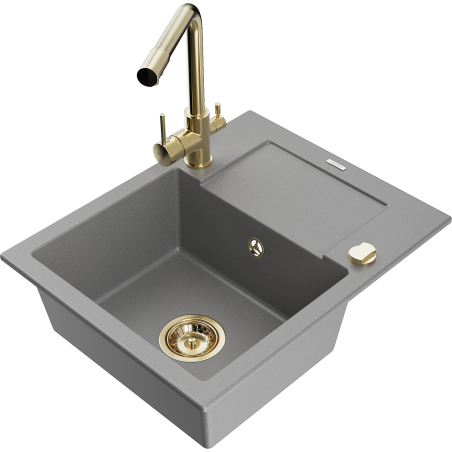 Mexen Enzo single-bowl granite sink with drainboard and Duero kitchen faucet, gray - 6506-71-671600-50