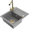 Mexen Enzo single-bowl granite sink with drainboard and Duero kitchen faucet, gray - 6506-71-671600-50