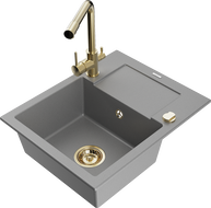 Mexen Enzo single-bowl granite sink with drainboard and Duero kitchen faucet, gray - 6506-71-671600-50