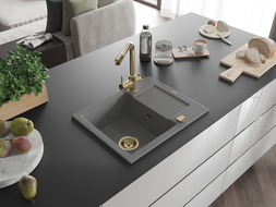 Mexen Enzo granite sink 1-bowl with drainer and Duero kitchen tap, grey - 6506-71-671600-50