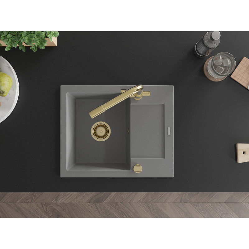 Mexen Enzo granite sink 1-bowl with drainer and Duero kitchen tap, grey - 6506-71-671600-50
