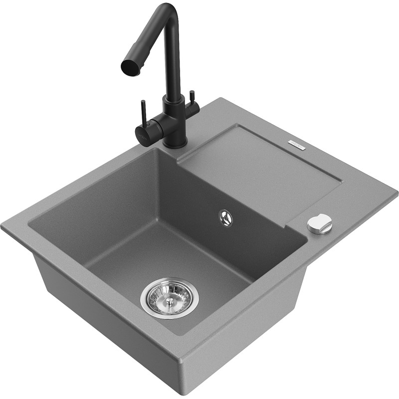 Mexen Enzo 1-Bowl Granite Sink with Drainer and Duero Kitchen Faucet, Grey - 6506-71-671600-70