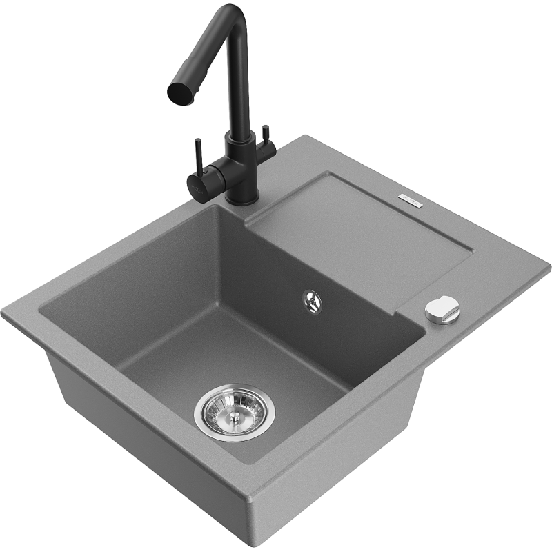 Mexen Enzo 1-bowl granite sink with drainer and Duero kitchen tap, grey - 6506-71-671600-70