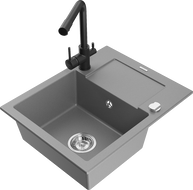 Mexen Enzo 1-bowl granite sink with drainer and Duero kitchen tap, grey - 6506-71-671600-70