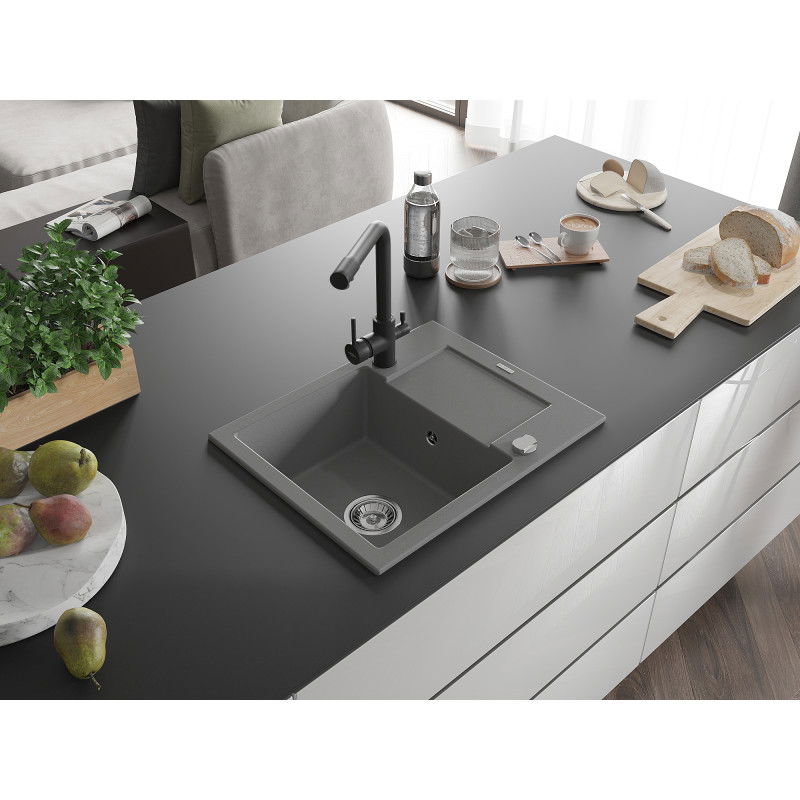 Mexen Enzo 1-bowl granite sink with drainer and Duero kitchen tap, grey - 6506-71-671600-70