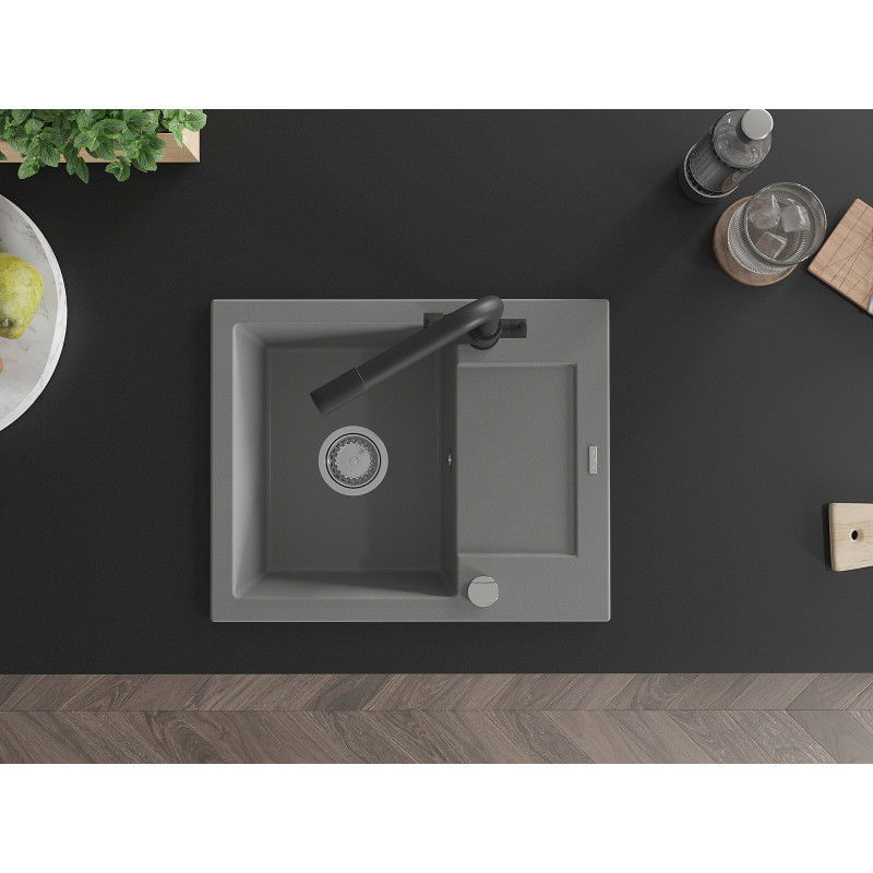 Mexen Enzo 1-bowl granite sink with drainer and Duero kitchen tap, grey - 6506-71-671600-70