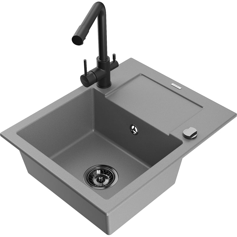 Mexen Enzo granite kitchen sink 1-bowl with drainer and kitchen faucet Duero, gray - 6506-71-671600-70-B