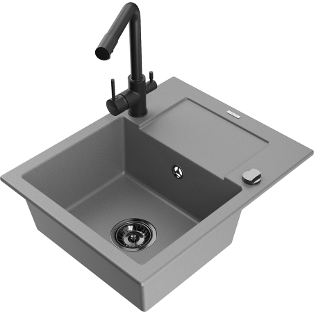 Mexen Enzo granite kitchen sink 1-bowl with drainer and kitchen faucet Duero, gray - 6506-71-671600-70-B