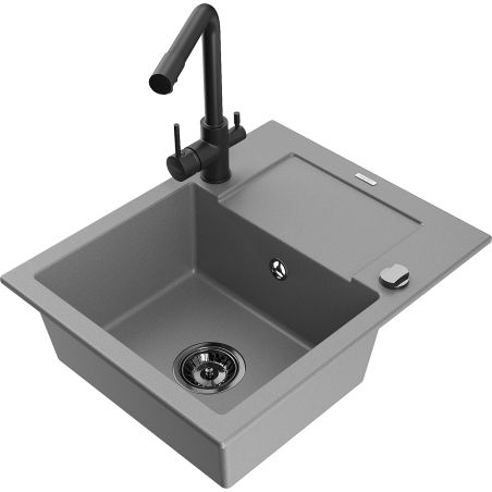 Mexen Enzo granite single-bowl sink with drainer and Duero kitchen faucet, gray - 6506-71-671600-70-B