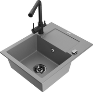 Mexen Enzo granite single-bowl sink with drainer and Duero kitchen faucet, gray - 6506-71-671600-70-B