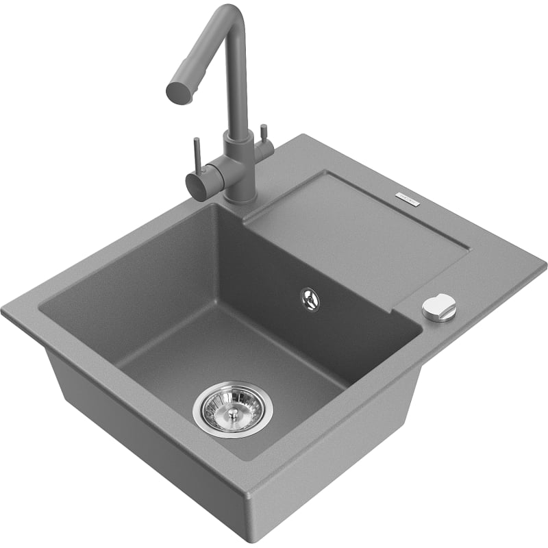 Mexen Enzo granite kitchen sink 1-bowl with drainer and kitchen faucet Duero, grey - 6506-71-671600-71