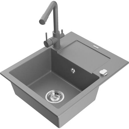 Mexen Enzo granite kitchen sink 1-bowl with drainer and kitchen faucet Duero, grey - 6506-71-671600-71