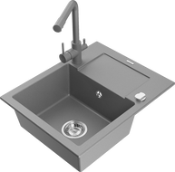 Mexen Enzo 1-compartment granite sink with a drip tray and kitchen mixer tap Duero, Grey - 6506-71-671600-71