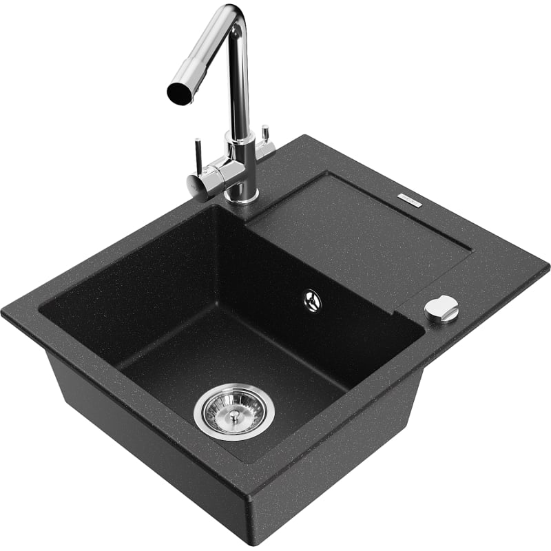 Mexen Enzo granite sink 1-bowl with drainer and Duero kitchen faucet, black/silver metallic - 6506-73-671600-00