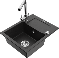 Mexen Enzo granite sink 1-bowl with drainer and Duero kitchen faucet, black/silver metallic - 6506-73-671600-00