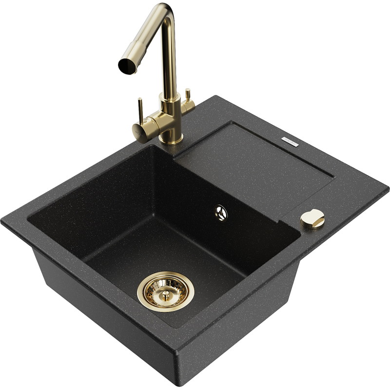 Mexen Enzo granite kitchen sink 1-bowl with drainer and Duero kitchen tap, black/silver metallic - 6506-73-671600-50
