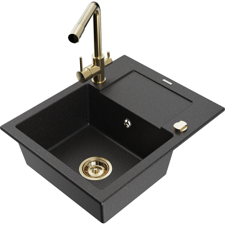 Mexen Enzo granite kitchen sink 1-bowl with drainer and Duero kitchen tap, black/silver metallic - 6506-73-671600-50