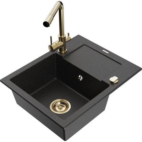 Mexen Enzo granite sink with 1 bowl, drainer, and kitchen faucet Duero, black/silver metallic - 6506-73-671600-50