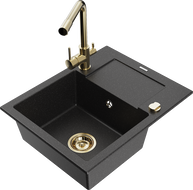 Mexen Enzo granite sink with 1 bowl, drainer, and kitchen faucet Duero, black/silver metallic - 6506-73-671600-50