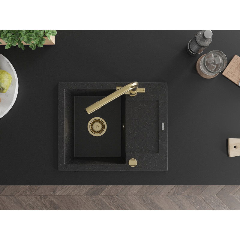 Mexen Enzo 1-bowl granite sink with drainer and Duero kitchen tap, black/silver metallic - 6506-73-671600-50