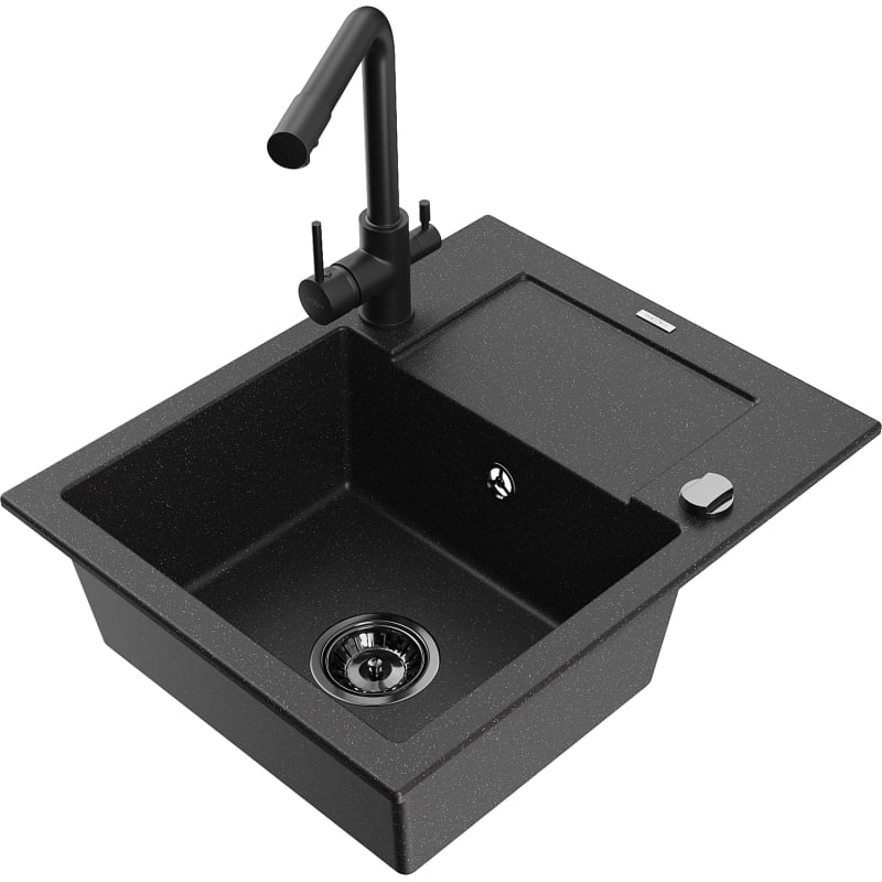 Mexen Enzo granite kitchen sink 1-bowl with drainer and kitchen faucet Duero, black/silver metallic - 6506-73-671600-70-B