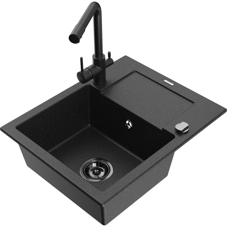 Mexen Enzo 1-compartment granite sink with a drip tray and kitchen mixer tap Duero, Black/Silver metallic - 6506-73-671600-70-B