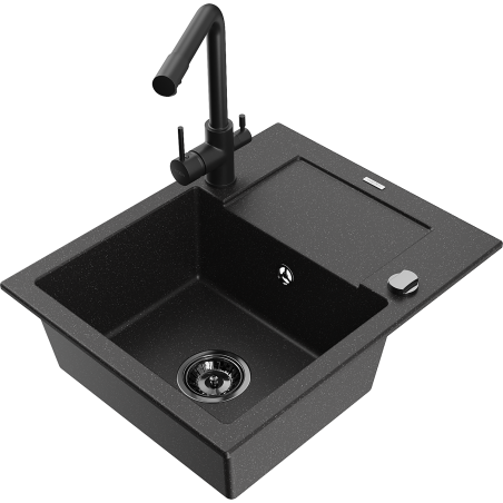 Mexen Enzo granite kitchen sink 1-bowl with drainer and kitchen faucet Duero, black/silver metallic - 6506-73-671600-70-B