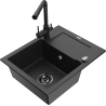 Mexen Enzo granite kitchen sink 1-bowl with drainer and kitchen faucet Duero, black/silver metallic - 6506-73-671600-70-B