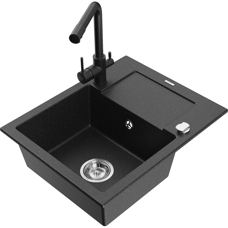 Mexen Enzo granite sink 1-bowl with drainer and Duero kitchen tap, black/silver metallic - 6506-73-671600-70