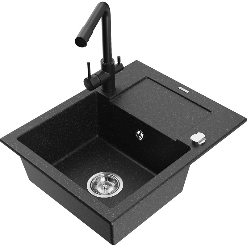Mexen Enzo granite sink 1-bowl with drainer and kitchen faucet Duero, black/silver metallic - 6506-73-671600-70