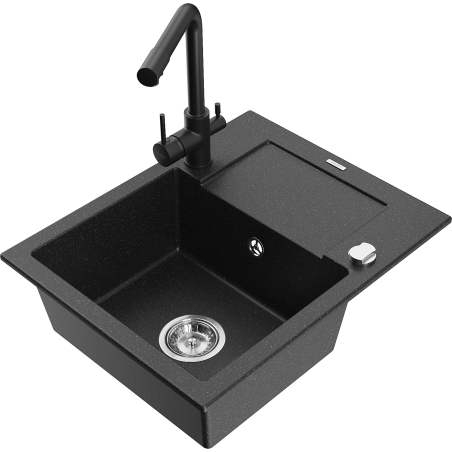 Mexen Enzo granite kitchen sink 1-bowl with drainer and Duero kitchen faucet, black/silver metallic - 6506-73-671600-70