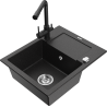 Mexen Enzo granite kitchen sink 1-bowl with drainer and Duero kitchen faucet, black/silver metallic - 6506-73-671600-70