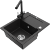 Mexen Enzo granite sink 1-bowl with drainer and kitchen faucet Duero, black/silver metallic - 6506-73-671600-70