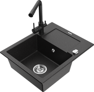 Mexen Enzo granite sink 1-bowl with drainer and Duero kitchen tap, black/silver metallic - 6506-73-671600-70