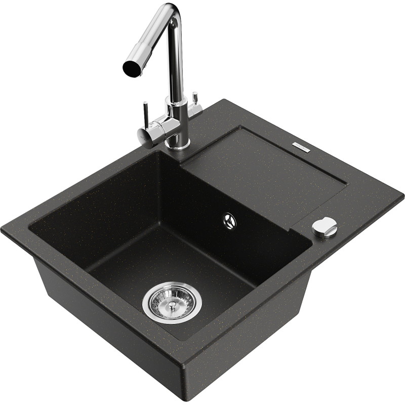 Mexen Enzo 1-Bowl Granite Sink with Drainer and Duero Kitchen Faucet, Black/Gold Metallic - 6506-75-671600-00