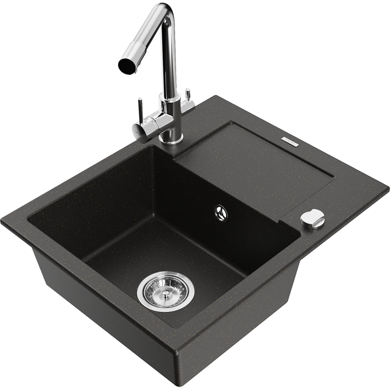 Mexen Enzo 1-compartment granite sink with a drip tray and kitchen mixer tap Duero, Black/Gold metallic - 6506-75-671600-00
