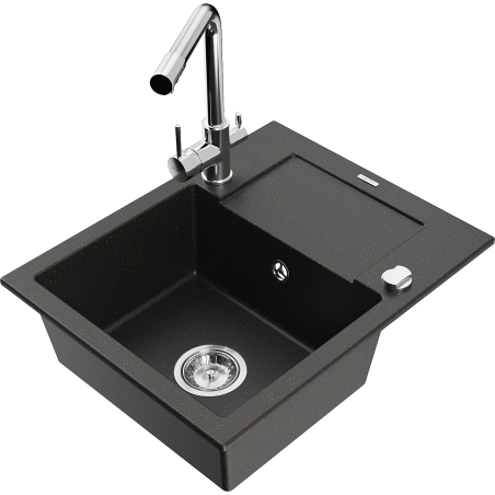 Mexen Enzo 1-compartment granite sink with a drip tray and kitchen mixer tap Duero, Black/Gold metallic - 6506-75-671600-00