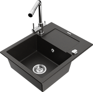 Mexen Enzo 1-compartment granite sink with a drip tray and kitchen mixer tap Duero, Black/Gold metallic - 6506-75-671600-00