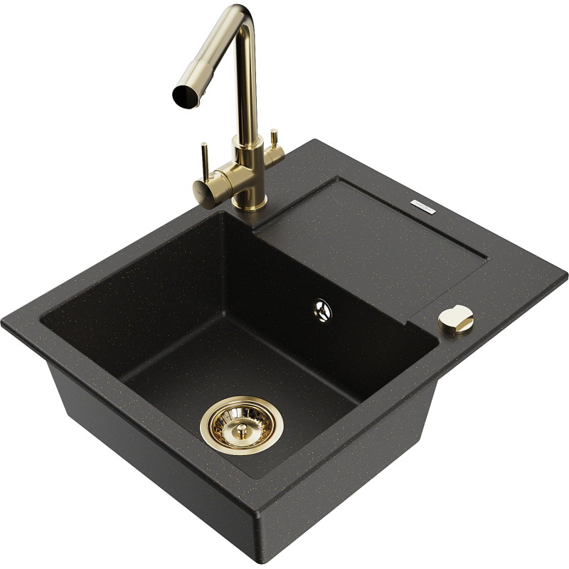 Mexen Enzo granite sink 1-bowl with drainer and kitchen faucet Duero, black/golden metallic - 6506-75-671600-50