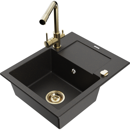 Mexen Enzo granite sink with 1-bowl, draining board, and Duero kitchen tap, black/gold metallic - 6506-75-671600-50