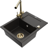 Mexen Enzo granite sink 1-bowl with drainer and kitchen faucet Duero, black/golden metallic - 6506-75-671600-50