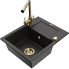 Mexen Enzo granite sink with 1-bowl, draining board, and Duero kitchen tap, black/gold metallic - 6506-75-671600-50