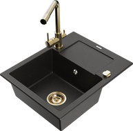 Mexen Enzo granite sink with 1-bowl, draining board, and Duero kitchen tap, black/gold metallic - 6506-75-671600-50
