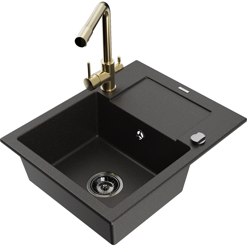 Mexen Enzo 1-compartment granite sink with a drip tray and kitchen mixer tap Duero, Black/Gold metallic - 6506-75-671600-50-B