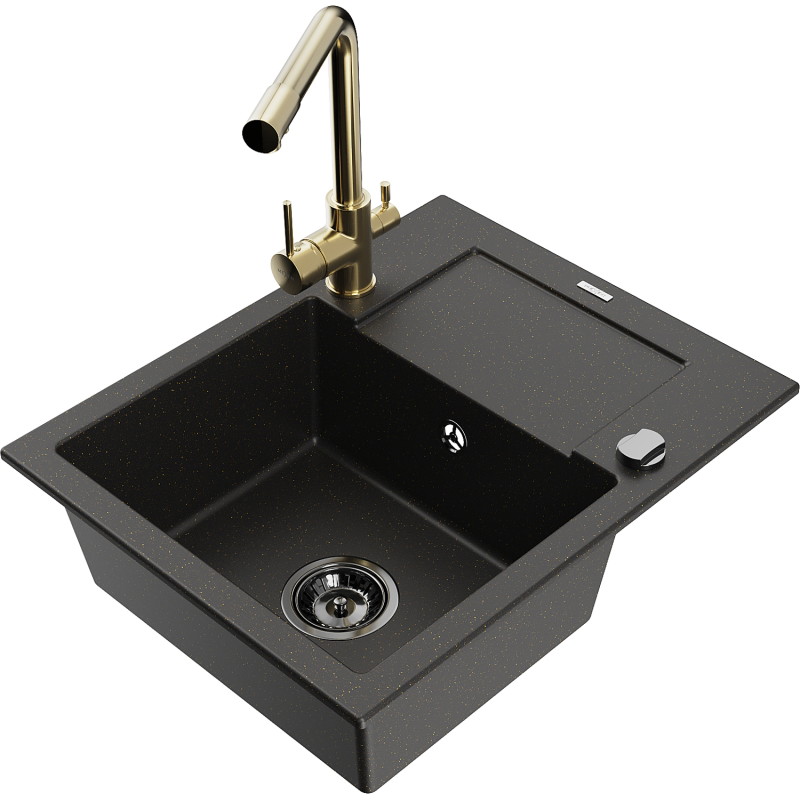 Mexen Enzo granite single-bowl sink with drainer and Duero kitchen faucet, black/gold metallic - 6506-75-671600-50-B