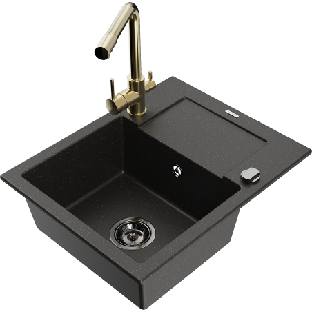 Mexen Enzo granite 1-bowl kitchen sink with drainer and kitchen faucet Duero, black/gold metallic - 6506-75-671600-50-B