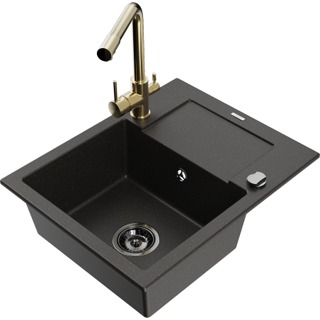 Mexen Enzo granite single-bowl sink with drainer and Duero kitchen faucet, black/gold metallic - 6506-75-671600-50-B