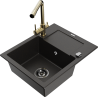 Mexen Enzo granite 1-bowl kitchen sink with drainer and kitchen faucet Duero, black/gold metallic - 6506-75-671600-50-B