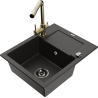 Mexen Enzo granite single-bowl sink with drainer and Duero kitchen faucet, black/gold metallic - 6506-75-671600-50-B